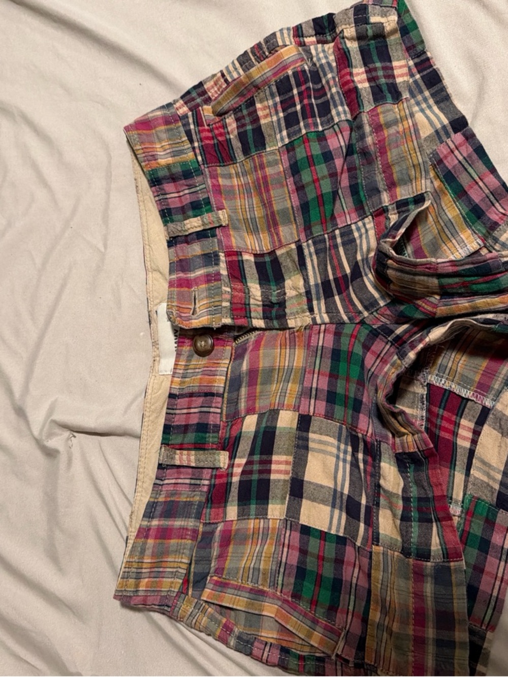 Old Navy Beige Waistband Plaid Shorts with Multicolored Patchwork